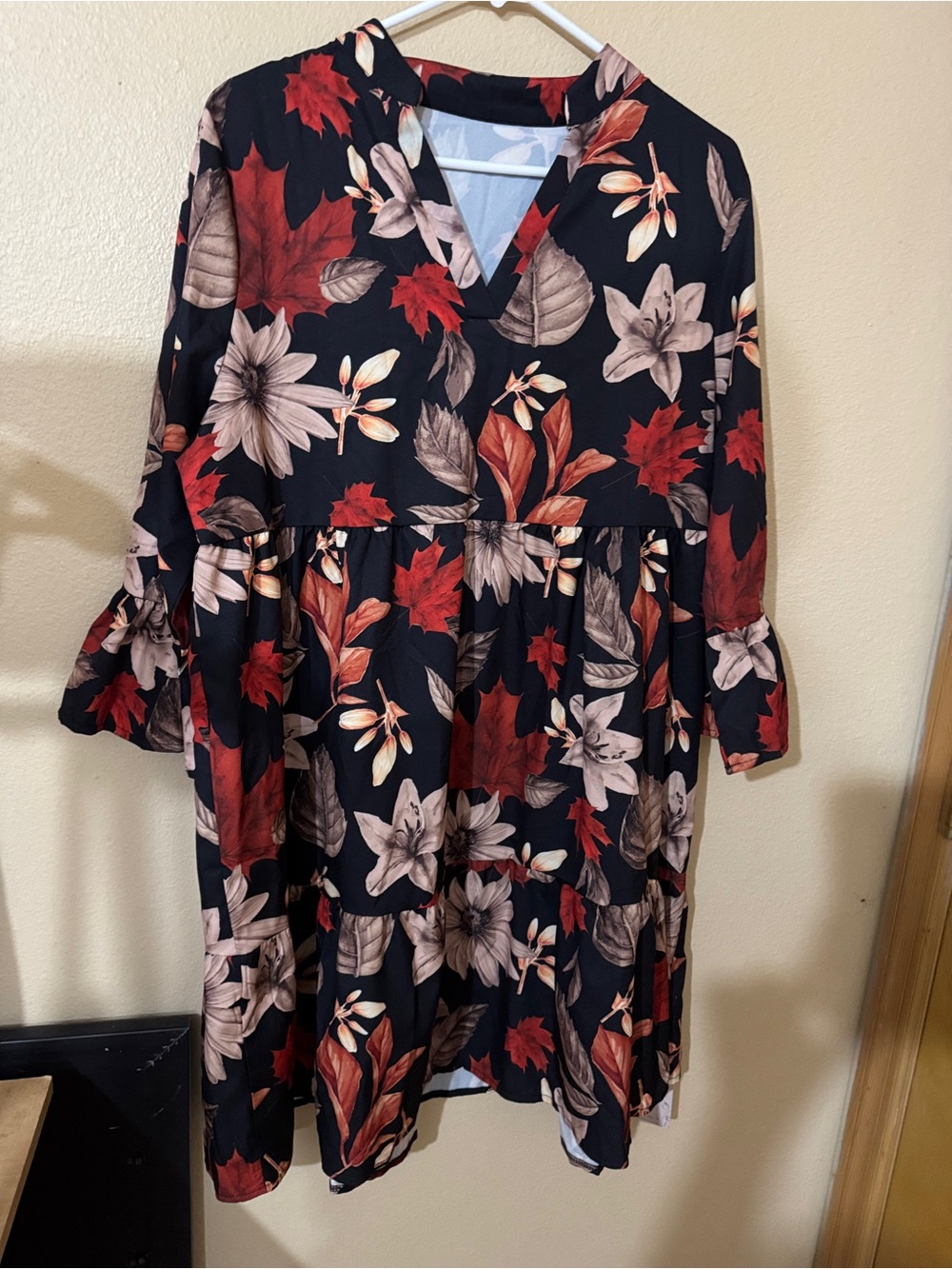 Black Floral Tiered V-Neck Dress with Red & Beige Leaves